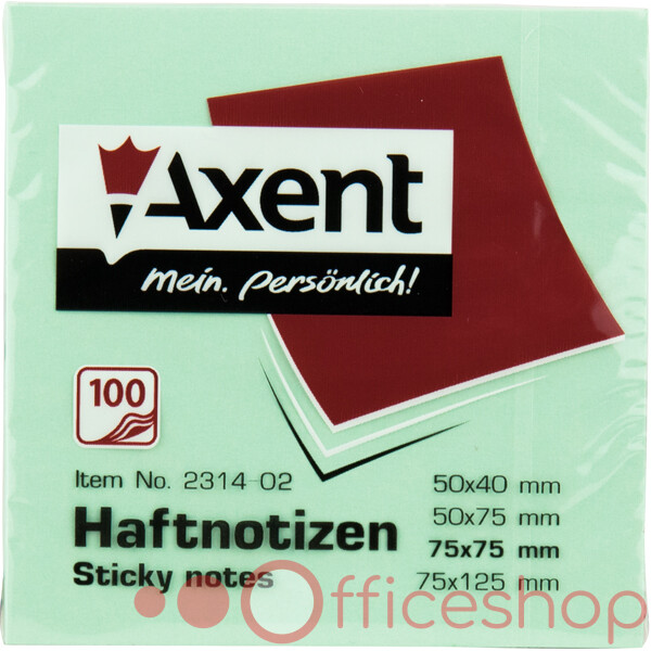 Hârtie pentru notițe cu strat adeziv Axent, 100 file, 75x75mm, pal verde, 2314-02-A